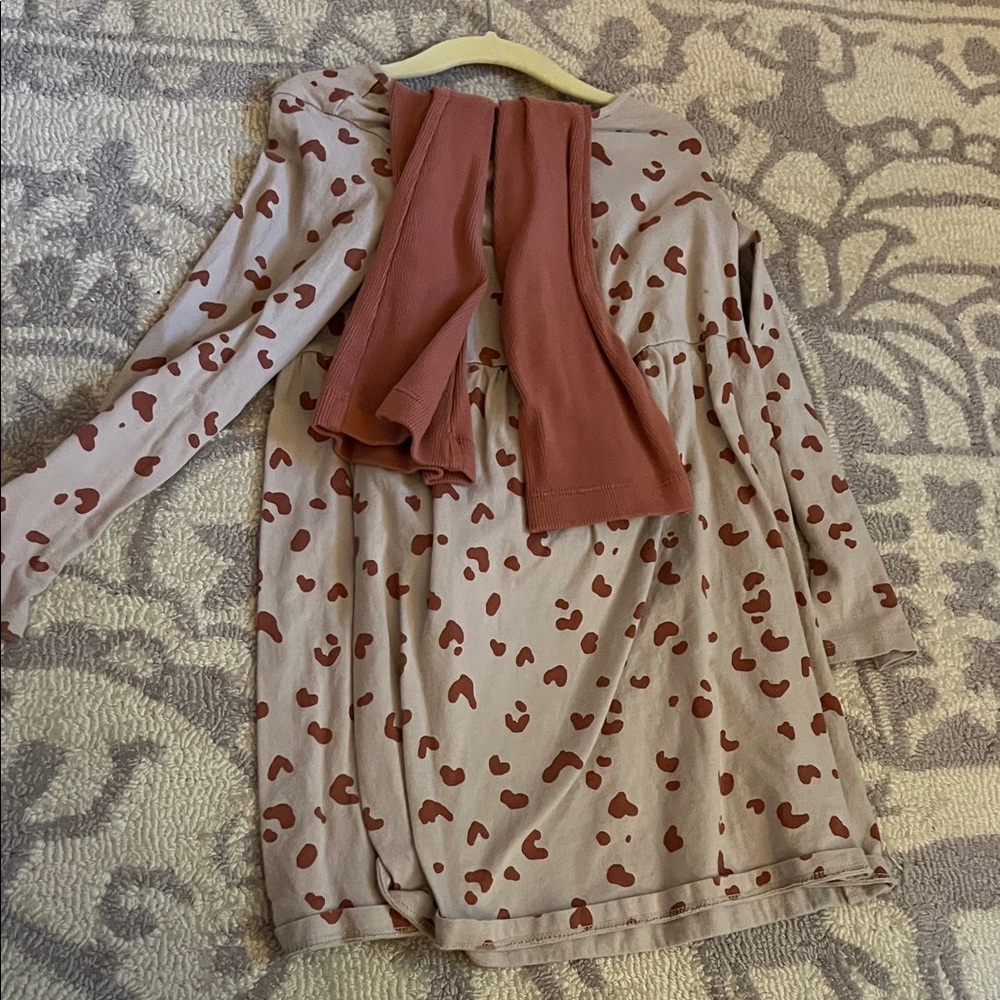 Hearts Print Long Sleeve Dress with Rust Scarf